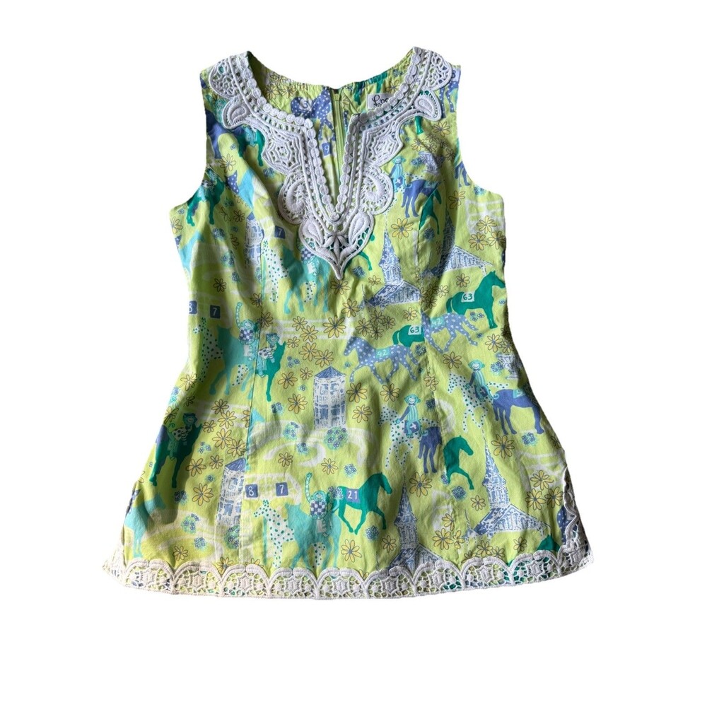 Lilly Pulitzer Yellow Green Galloping Gals Derby Horse Print Lace Trim Top Sz 8